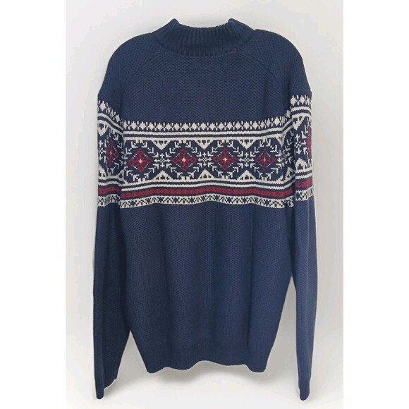 IZOD Sweater Men L 1/4 Zip Fair Isle Nordic Pullover Ski Navy Blue Preppy Chunky - Picture 4 of 16